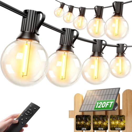 OHLUX 120FT Solar String Lights Outdoor with Remote, Commercial Grade Patio Lights with 52 Shatterproof LED Filament G40 Globe Bulbs, Dimmable Outside Edison Hanging Light for Backyard Party Decor - size: 120FT