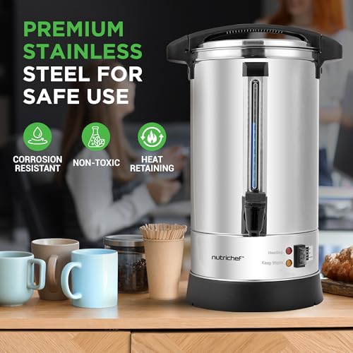 NutriChef Water Boiler and Hot Water Dispenser, 8L Electric Beverage Dispenser with Safety Lock Lid, Non-Drip Tap, Warm Function, Food Grade Stainless Steel, Home & Commercial Use, 19"x9"x9", Silver - size: 8.5 Quarts