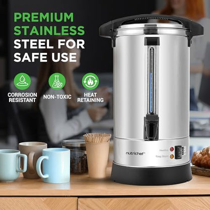 NutriChef Water Boiler and Hot Water Dispenser, 8L Electric Beverage Dispenser with Safety Lock Lid, Non-Drip Tap, Warm Function, Food Grade Stainless Steel, Home & Commercial Use, 19"x9"x9", Silver - size: 8.5 Quarts