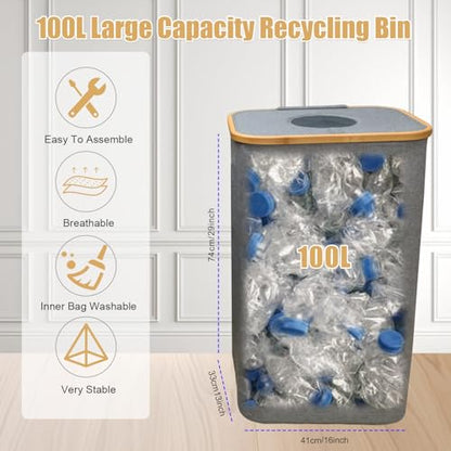 26 Gallon/100L Kitchen Recycling Bin with Lid & 2 Reusable Inner Bags - Ideal for Bottles, Cans, Glass, Plastic Waste (White) - color: White