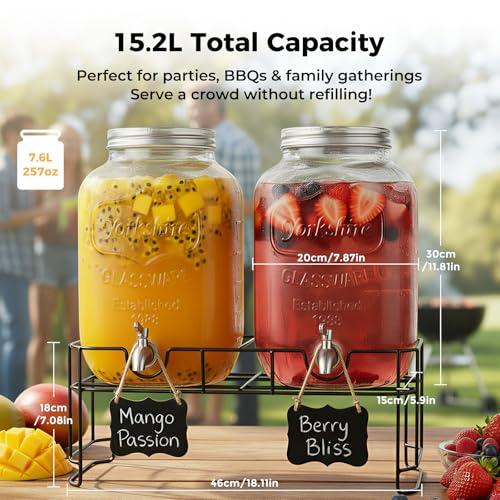 DD&HAPP 2 Gallon Glass Drinks For Parties With Stand.Stainless Steel Spigots & Metal Stand,Large Capacity Beverage Dispenser for Party,Infused Water,Iced Tea,Lemonade,Outdoor,Commercial Use. - size: 2 Gallon Double With Stand