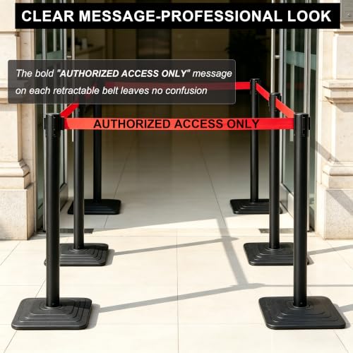 4-Pack Crowd Control Stanchions, Heavy Duty Stanchion Set - color: Red-AUTHORIZED ACCESS ONLY