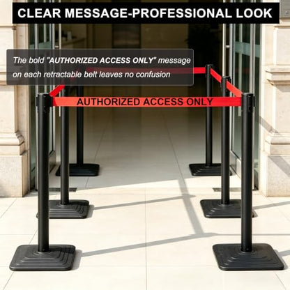 4-Pack Crowd Control Stanchions, Heavy Duty Stanchion Set - color: Red-AUTHORIZED ACCESS ONLY