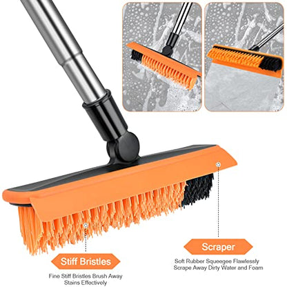 2 in 1 Floor Brush Scrubber with Long Handle Telescopic 3 Poles 61.8'' Grout Brush Scrape Stiff Bristle Cleaning Scrub Brush with Squeegee 180°Rotating Tile Brush for Cleaning Bathroom Glass Patio - color: Dark Orange Extended Pole