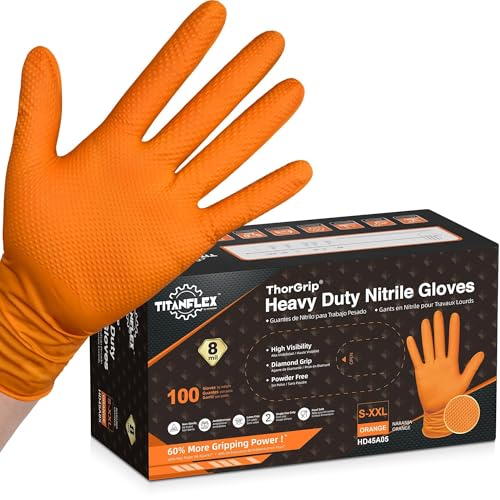 TitanFlex Heavy Duty Industrial Orange Nitrile Gloves, 8-mil, Gloves Disposable Latex Free with Raised Diamond Texture Grip, Powder Free, Rubber Glove, Mechanic Gloves,100-ct Box (Small) - color: 8-mil (100-ct), size: Small
