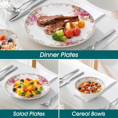 Bone China Dinnerware Set for 4, 12 Pcs Floral Plates and Bowls, Rose Bloom - color: Blush rose