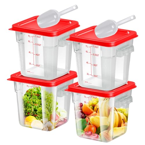 4 pcs 8qt Food Storage Containers with Lid, Square Clear Commercial Food Storage Containers with Handle and Scale for Food Storage in Home Kitchen & Dining (Red) - color: B4-8QT-PCS-RED