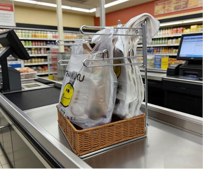 Plastic bag holder with a rattan-woven basket base, grocery bag organizer, space-saving bag storage, neat and easy to grab, perfect for the kitchen, shops, restaurants, and commercial use