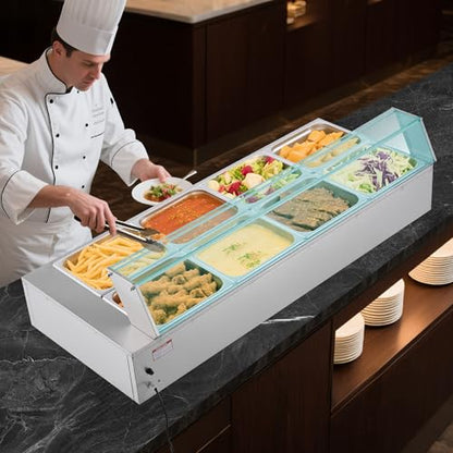 VEVOR Commercial Food Warmer, 1700W Electric Stainless Steel Steam Food Warmer with Glass Cover, 8-Pan Countertop Buffet Bain Marie with Soup & Perforated Ladles, for Catering, Restaurant & Party - size: 8x1/2Pan ;96QT