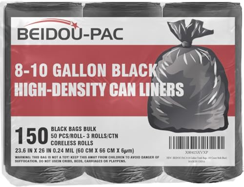 BEIDOU-PAC 8-10 Gallon Trash Bags, 150 Count Black Garbage bags, Multi-purpose Trash Can Bin Liners for Bathroom, Office, Industrial, Commercial, Janitorial, Municipal, Recycling - style: 8-10 Gallon |6 Micron |150 Count
