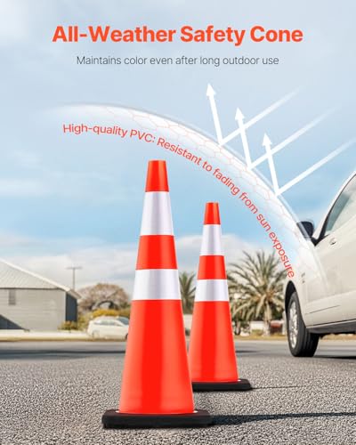 VEVOR Safety Cones, 6 Pack 36" Traffic Cones, PVC Orange Construction Cones with Reflective Collars and Black Weighted Base, for Traffic Control, Driveway Road Parking and School Improvement - size: 36"(6Cones)