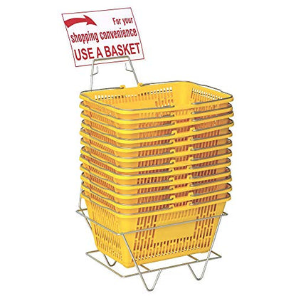 Only Hangers Plastic Shopping Baskets - Durable Yellow Plastic Set of Shopping Baskets with Stand and Sign - Set of 12 Plastic Baskets with Metal Handles