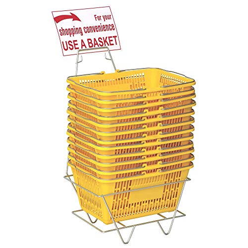 Only Hangers Plastic Shopping Baskets - Durable Yellow Plastic Set of Shopping Baskets with Stand and Sign - Set of 12 Plastic Baskets with Metal Handles