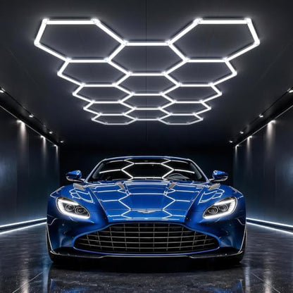 HYPERLITE Gen II Hexagon Garage Lights: 399W 39900LM 14 Grids Hexagon Led Light, 6500K Ultra Bright Honeycomb Hex Lights, Easy Install, Durable Design for Garage, Car Detailing, Workshops, Shops, Gym - size: 14 HEX