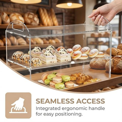 Cupcake Display Case with Handle – 19x 9.5x 11.8″ Commercial Bakery Showcase –Large bread box Transparent Acrylic Food Display for Desserts, Donuts, Cakes, Pastries – Easy to Clean & Assemble - size: 2 Tiers