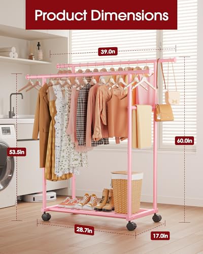 Sakugi Double Rods Clothes Rack - Metal Clothing Rack with Fixed Double Rods, Rolling Wheels & Built-In Shelf for Closet, Bedroom, Laundry Storage (39" x 17" x 60", Pink) - color: Pink, size: 39" x 17" x 60"