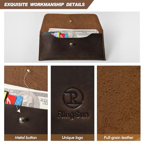 Ringsun Leather Money Cash Envelopes Wallet for Men, Money Bag Pouch Reusable Budget Envelope Wallet, Retro Clutch Wallet, Red Brown - color: Red Brown