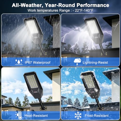 Solar Street Lights Outdoor Waterproof - Upgraed 10000mAh LED Parking Lot Lights Commercial Dusk to Dawn IP66,7000K Bright Solar Security Light with Motion Sensor & Remote for Outside Yard,Road,Street