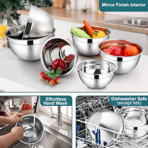 LIANYU 6 PCS Stainless Steel Mixing Bowls with Visible Lid for Food Storage - color: Dark Blue, style: Atlas Base with Visible Lids