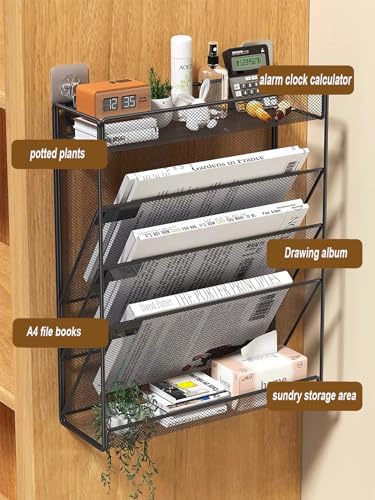 5 Tier Mesh Wall File Organizer,3 Pockets vertical Mount Hanging Organizer with Top/Bottom Tray | 2 Hooks | Wall Mount & Door Hanging for Office Home