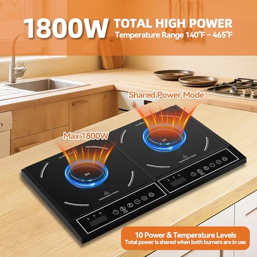 Portable Double Induction Cooktop, 1800W Countertop Burner with Power Sharing, 10 Power & Temperature Levels, 140-465°F Temperature Control, Digital Display, Timer