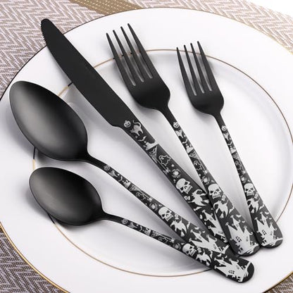 Skull Silverware Set SANLUNS 40 Piece Matte Black Unique Flatware Set for 8,Stainless Steel Fine Dining Utensils Spoons,Forks,Knife Pattern Tableware Durable Cutlery Halloween Home Kitchen,Dishwasher - color: Matte Black-Halloween/40picecs