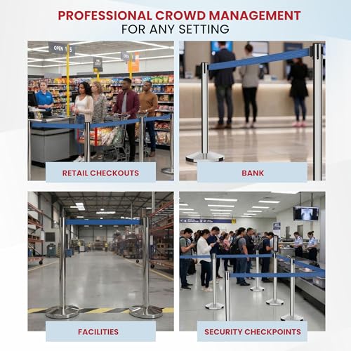Crowd Control Warehouse 2 Retractable Belt Stanchion Barriers, 11 Ft Blue - color: Blue Belt with Polished Stainless Steel Post