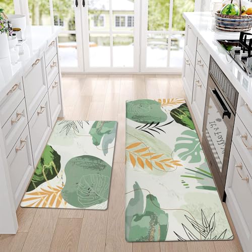 Homcomoda Kitchen Rugs Sets of 2 Cushioned Anti Fatigue Kitchen Mats Sets 2 Piece Kitchen Floor Mats Green Non Slip Waterproof Standing Mat for Kitchen,Sink,Office - color: B Green, size: 17.3"x28"+17.3"x47"/0.4inch