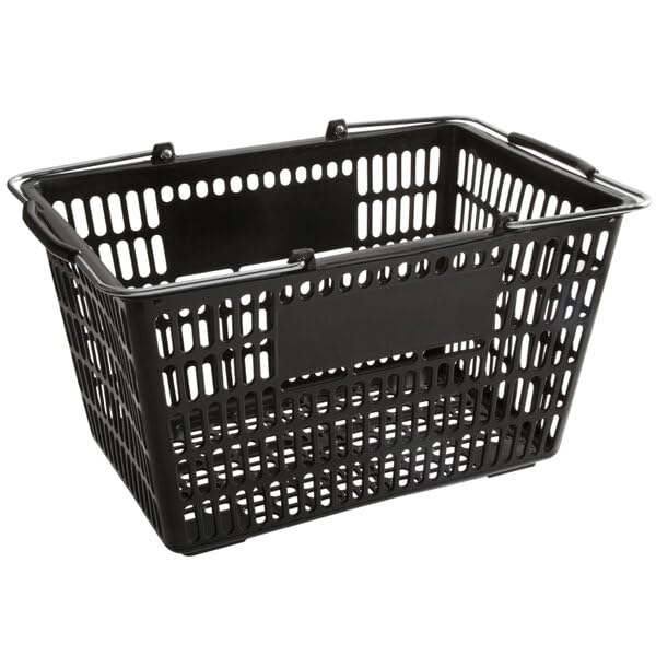 Black Plastic Shopping Basket with Steel Handles, 18 11/16 x 12 3/8 Inch, 32L Capacity, 55 lb Weight Limit, Stackable Design for Grocery Market