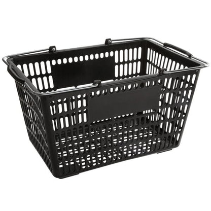 Black Plastic Shopping Basket with Steel Handles, 18 11/16 x 12 3/8 Inch, 32L Capacity, 55 lb Weight Limit, Stackable Design for Grocery Market
