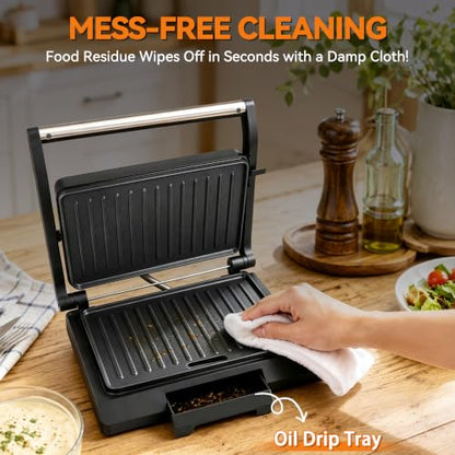 Baker's Friend 2 Slices of Mini Panini Press Electric Grill, Panini Grill Press Sandwich Maker Press, Sandwichera Electrical for Pancakes & Eggs, Oil Tray, Non Stick Surfaces, Stainless Steel