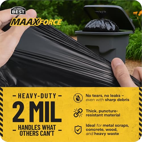 MAAXForce 55 Gallon Contractor Trash Bags | 2 Mil Heavy-Duty Black Garbage Bags | Leak-Proof, Puncture-Resistant | Made in USA | 36" x 56" Large Construction & Yard Cleanup Bags (40-Count) - style: Regular