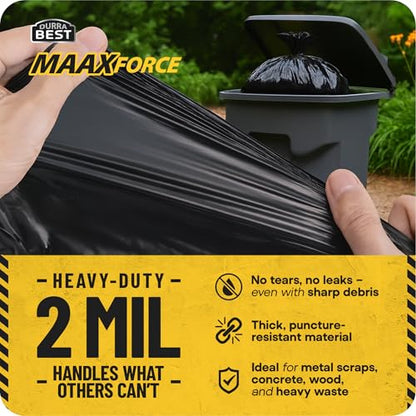 MAAXForce 55 Gallon Contractor Trash Bags | 2 Mil Heavy-Duty Black Garbage Bags | Leak-Proof, Puncture-Resistant | Made in USA | 36" x 56" Large Construction & Yard Cleanup Bags (40-Count) - style: Regular