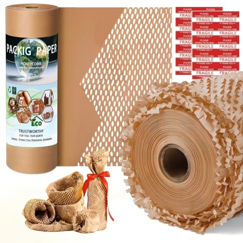 Honeycomb Packing Paper - Biodegradable Bubble Wrap Alternative 12"x200 FT, 80gsm with 20 Fragile Sticker Labels | Eco-Friendly Cushioning for Shipping, Moving & Small Business Packaging,Fragile Items - size: 12 Inch x 200 Feet