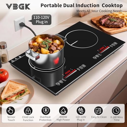 VBGK 2 burner Induction cooktop,110V 4000Winduction hot plate with touch Control,9 Power Levels, Kids Lock & Timer,LED touch control 2ourner induction cooker - size: induction plate