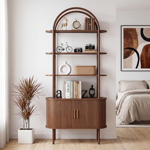 Janmer Home Unique Arched Bookshelf, 71" Tall Mid Century Modern Bookcase - color: Walnut, size: 71-inch sliding door