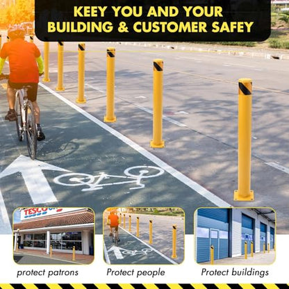 Heavy Duty Steel Safety Bollard Posts - 42" x 4.5" Yellow Impact-Resistant Barriers for Parking & Facility Security - Robust Stream Control Solution, Pack of 6 - with 24 Anchor Bolts - size: 42 inch-6pack