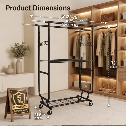 Heavy Duty Clothes Rack with Wheels, Garment Rack Load 660 LBS, Rolling Clothes Rack for Hanging Clothes, Height Adjustable& Scalable& Foldable, for home or commercial, 75"x 22"x 73", Black - color: 4 Rods& Black