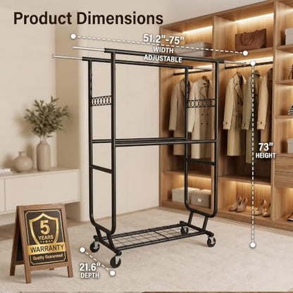 Heavy Duty Clothes Rack with Wheels, Garment Rack Load 660 LBS, Rolling Clothes Rack for Hanging Clothes, Height Adjustable& Scalable& Foldable, for home or commercial, 75"x 22"x 73", Black - color: 4 Rods& Black