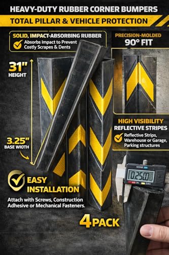4-Pack Heavy-Duty Rubber Corner Bumpers – Total Pillar & Vehicle Protection, 31" Impact-Absorbing Guards with Reflective Yellow Stripes for Garages, Warehouses & Tight Parking Areas