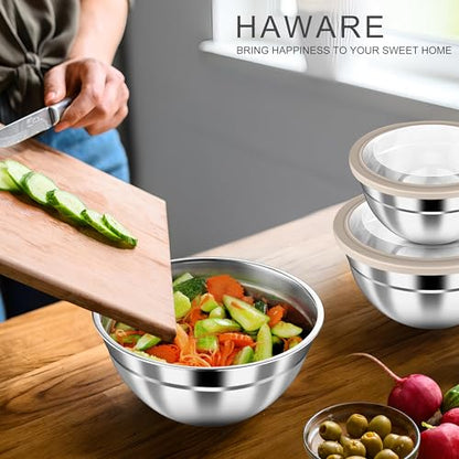 HaWare Mixing Bowls with Clear Airtight Lids, Stainless Steel Nesting Bowls - color: Khaki, size: Visible Airtight Lids