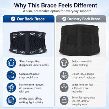 Breathable Thin Back Brace for Women, Adjustable Lower Back Support Belt for Everyday Pain Relief, Slim Low-Profile Lumbar Brace with Gentle Compression, Comfortable Under Clothes - size: L/XL(Waist:43"-53")