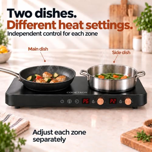 COOKTRON Portable Induction Cooktop 2 Burner with Griddle Pan, 1800W, Black - size: Double Induction Cooktop with Griddle Pan