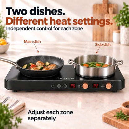 COOKTRON Portable Induction Cooktop 2 Burner with Griddle Pan, 1800W, Black - size: Double Induction Cooktop with Griddle Pan