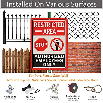 2 Pack Restricted Area Sign Authorized Employees Only 14 x 10 Inches Stop Do Not Enter Metal Reflective Rust Aluminum Weatherproof UV Protected Easy Mounting Indoor Outdoor Use