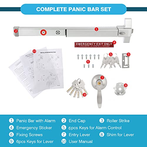 IRONWALLS 27.5" Push Bar Panic Exit Device with Alarm & Exterior Lever - color: Silver, size: 27.5 Inch