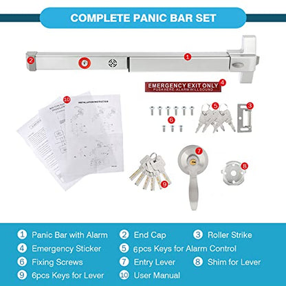 IRONWALLS 27.5" Push Bar Panic Exit Device with Alarm & Exterior Lever - color: Silver, size: 27.5 Inch