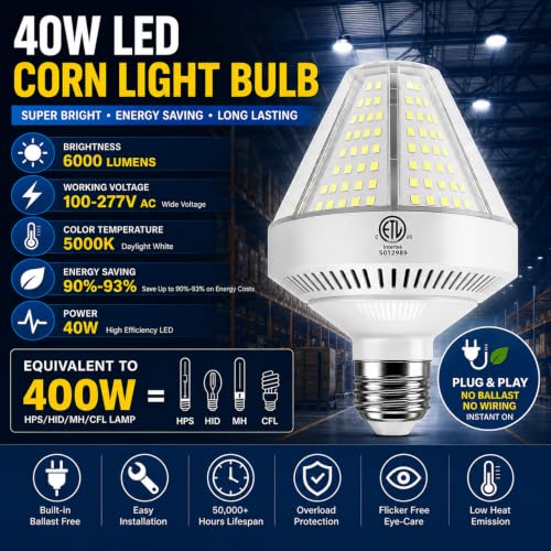 RIUVAO 2 Pack 40W LED Corn Light Bulb, 6000LM Super Bright 400W Equivalent, 5000K Daylight White E26/E27 Base, High Lumen Corn Cob Lamp for Garage, Warehouse, Barn, Workshop, Indoor Outdoor