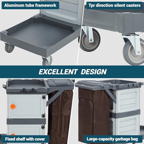 Rolling Cleaning Cart for Housekeeping, Commercial Janitorial Cart On Wheels with 2 Cabinets, Oxford Bag, Open Shelves, Plastic Housekeeping Cart Service Cart for Business Office