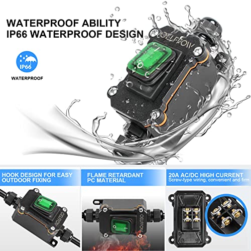 Waterproof On Off Toggle Switch Double Outlet with Green Light Rocker Button Inline Cord Switch DPST AC/DC 20A-125V,16A-250V,30A-24V,35A-12V, IP66 - color: Green/1 Switch/2 Outlet